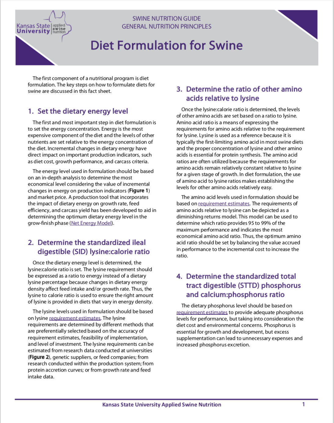 Diet formulation for swine