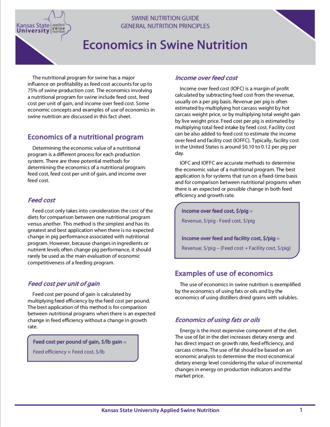 Economics in swine nutrition