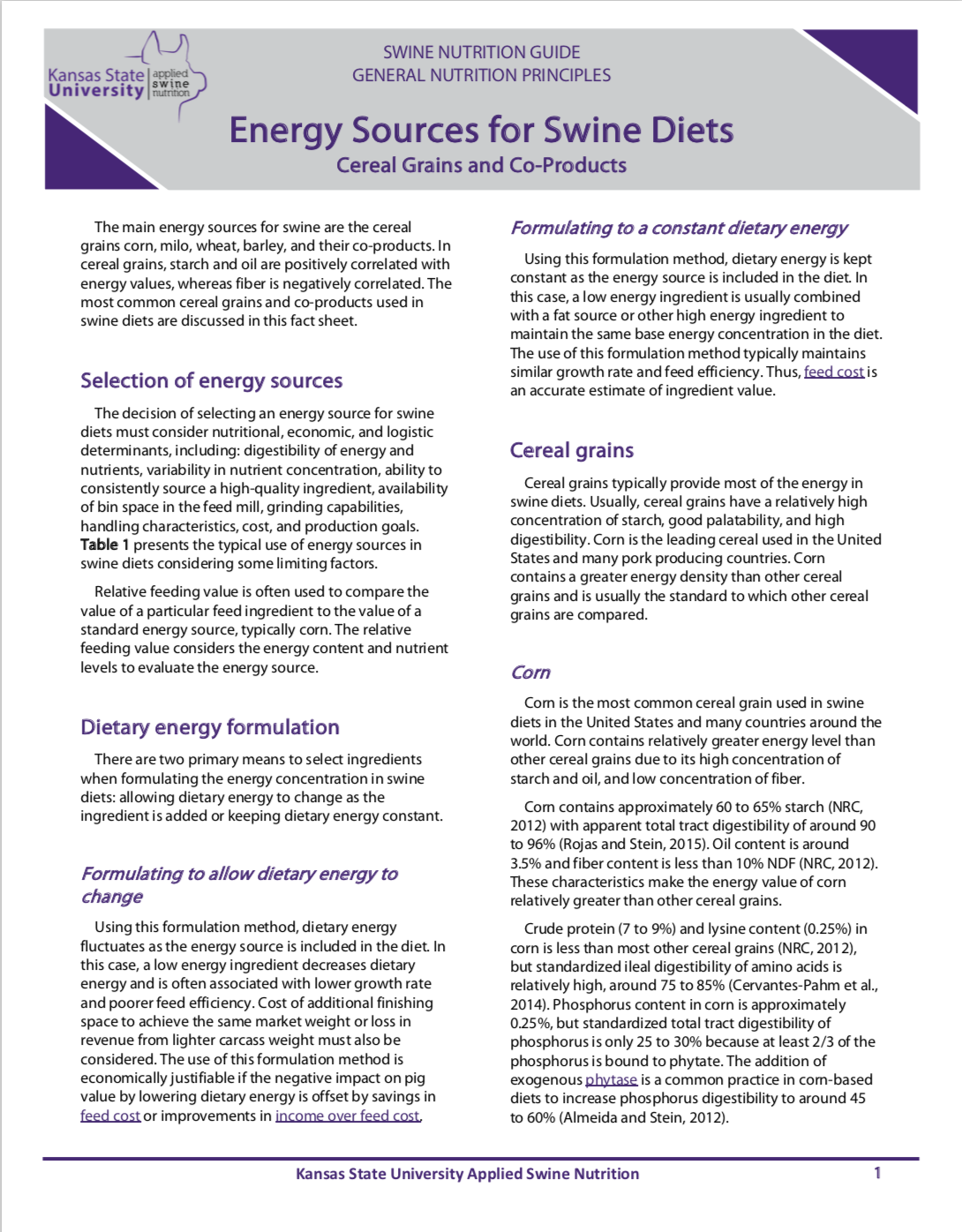 Energy sources for swine diets cereals