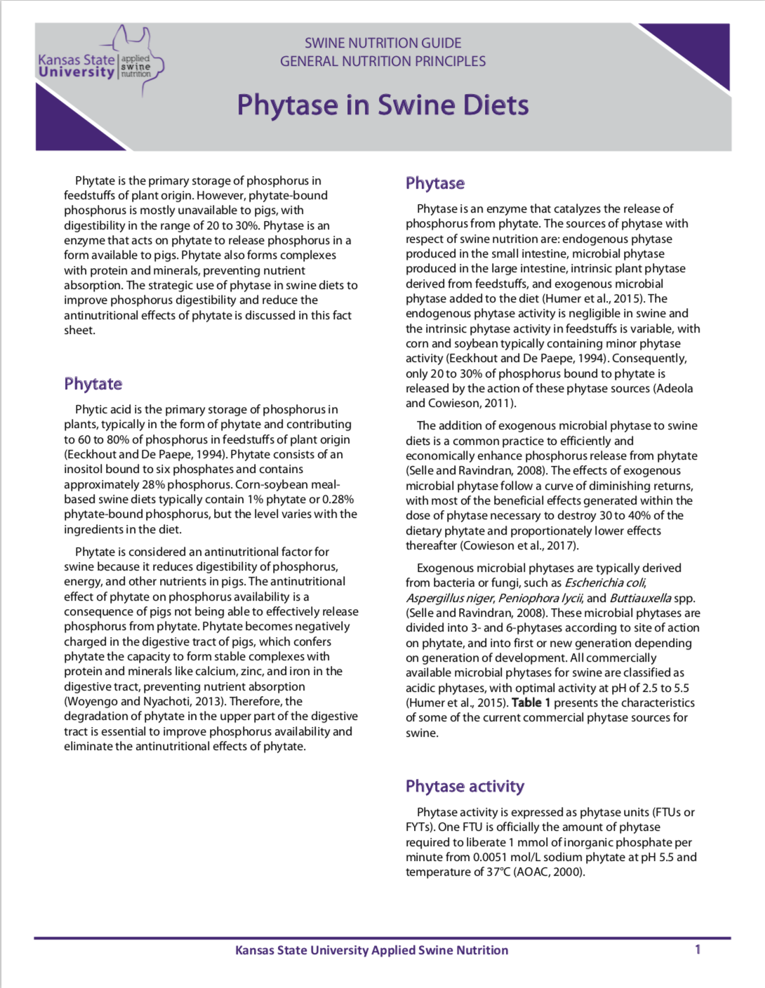 Phytase in swine diets